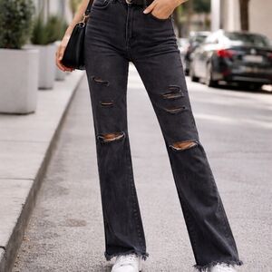 Tinseltown Charcoal Distressed Flare Jeans
